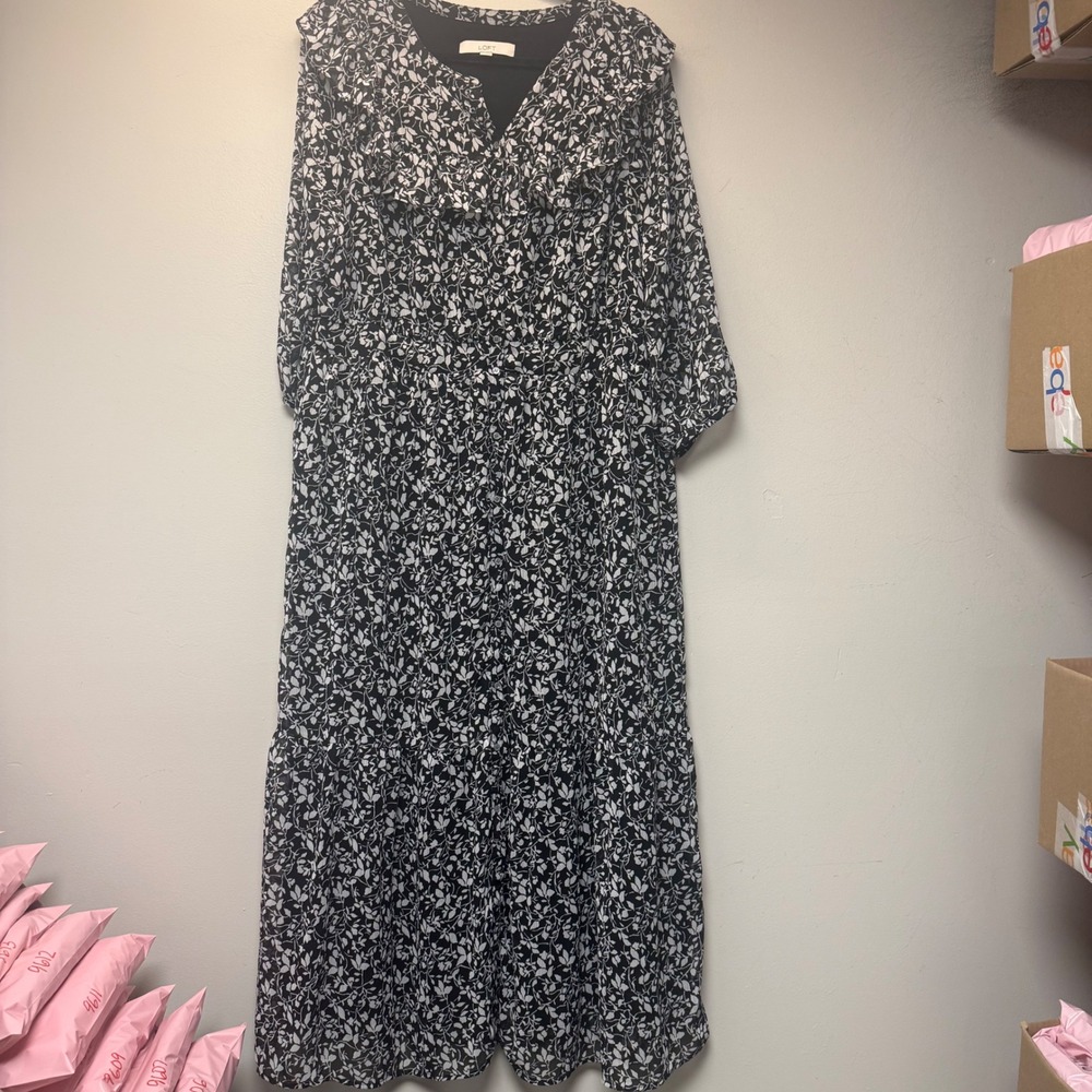 LOFT Maxi‎ Dress Womens XL Black Excellent Floral Ruffle Tiered Smocked 9623